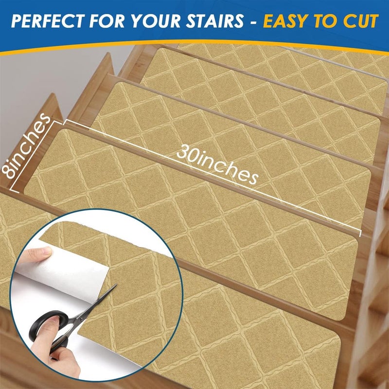 RIOLAND Stair Treads Carpet Non-Slip Indoor 15 PCS Wood Stair Treads Rugs Anti Moving Modern Stair Runners Safety for Kids Dogs, 8" X 30", Diamond Beige - Image 2